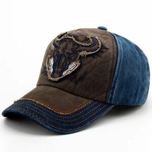 Distressed Baseball Cap with Bull Skull Embroidery, Brown, Blue Adjustable Fit